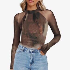 NEW Mesh Sheer Top Mock Neck Double Lined Fitted Going Out Blouse